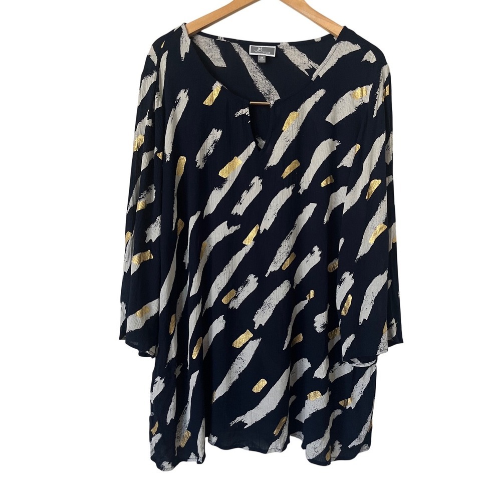 JM Collection Woman Navy Blue Gold Abstract Brushstroke Tunic Blouse 2X